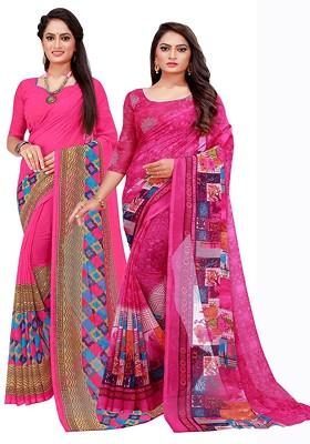 Magenta Embroidered Georgette Saree Set (Set Of 2)