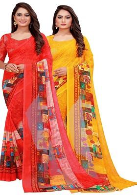 Red Embroidered Georgette Saree Set (Set Of 2)