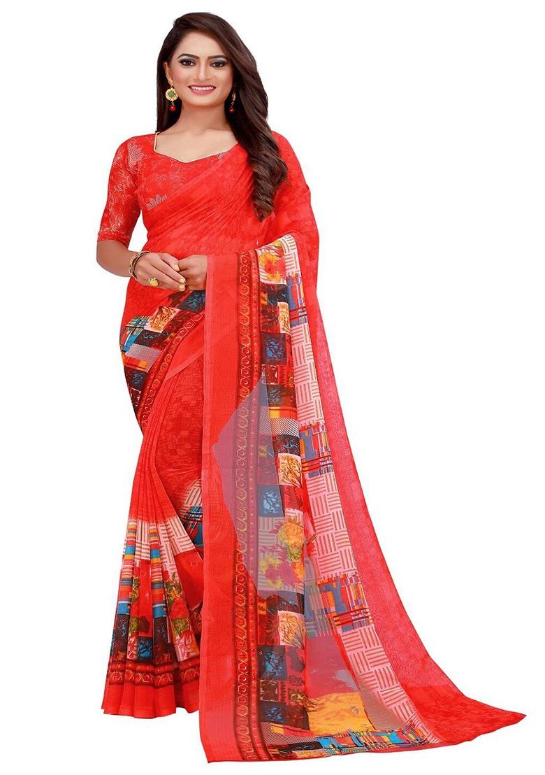 Red Embroidered Georgette Saree Set (Set Of 2)