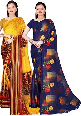 Navy Blue Floral Poly Blend Saree Set (Set Of 2)