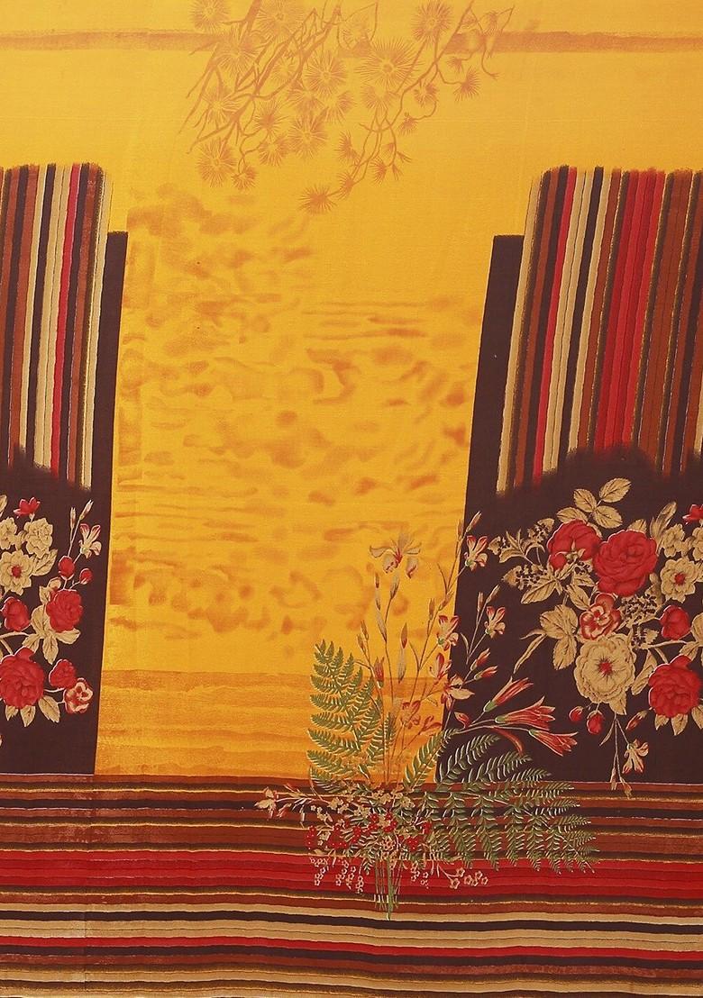 Navy Blue Floral Poly Blend Saree Set (Set Of 2)