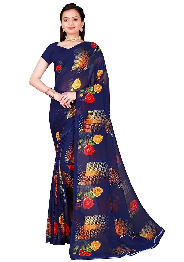 Navy Blue Floral Poly Blend Saree Set (Set Of 2)