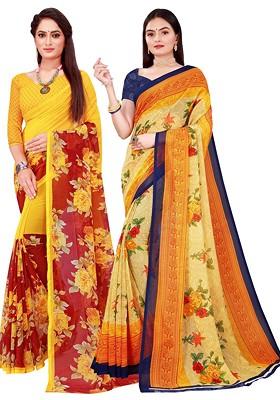 Beige Embroidered Poly Blend Saree Set