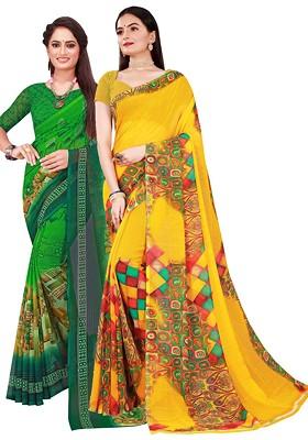 Yellow Embroidered Georgette Saree Set