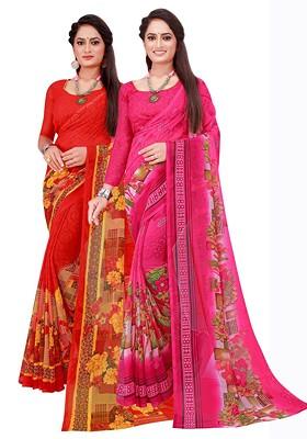 Red Embroidered Georgette Saree Set (Set Of 2)