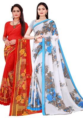 White Floral Georgette Saree Set (Set Of 2)
