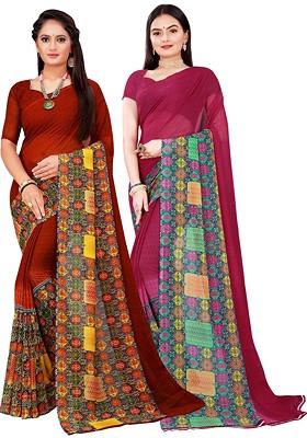 Maroon Printed Georgette Saree Set (Set Of 2)
