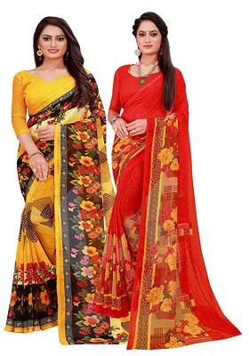 Yellow Floral Georgette Saree Set (Set Of 2)