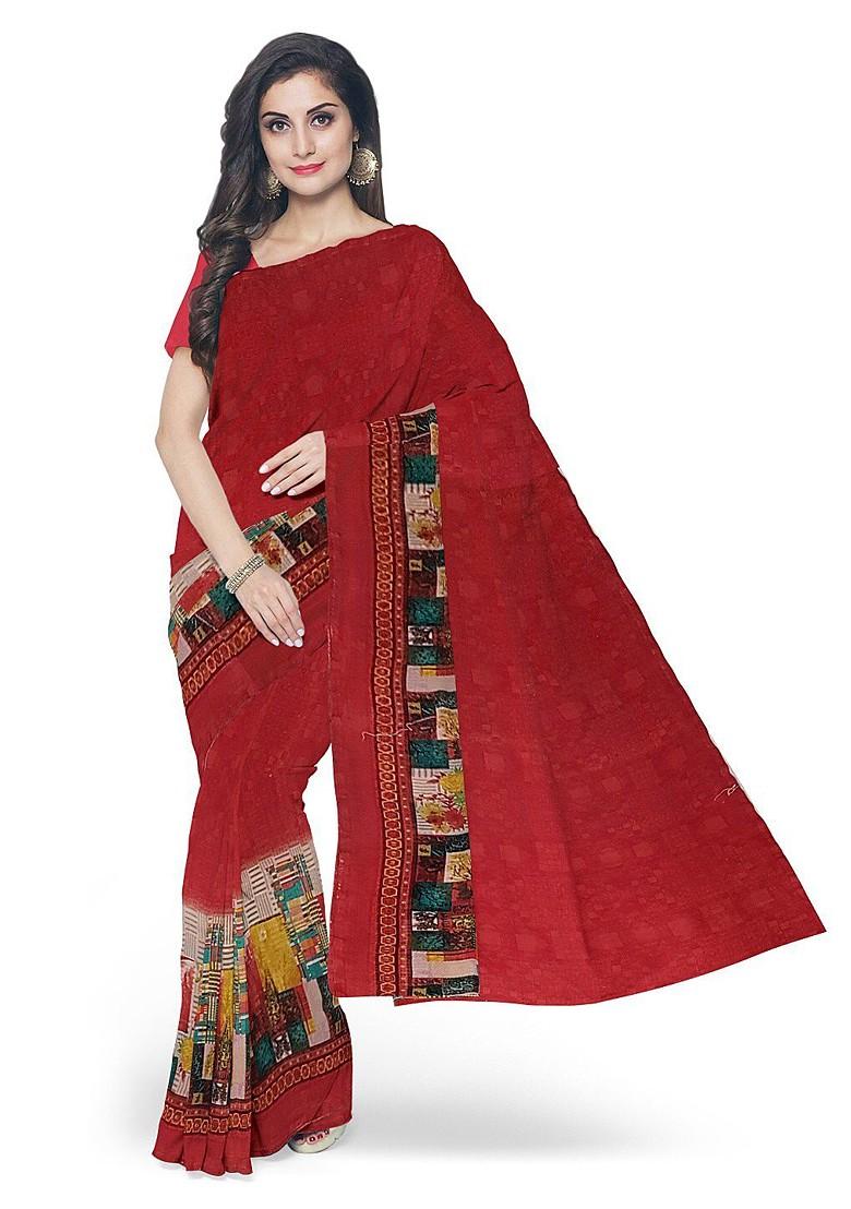 Red Embroidered Georgette Saree Set