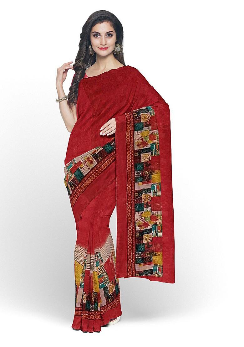 Red Embroidered Georgette Saree Set