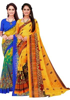 Yellow Embroidered Georgette Saree Set (Set Of 2)