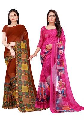 Maroon Embroidered Georgette Saree Set (Set Of 2)
