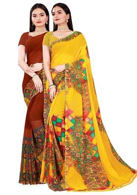 Brown Embroidered Georgette Saree Set (Set Of 2)