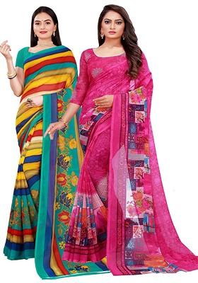 Magenta Embroidered Georgette Saree Set (Set Of 2)
