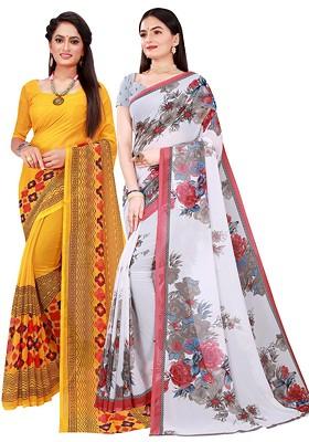 Yellow Floral Georgette Saree Set (Set Of 2)