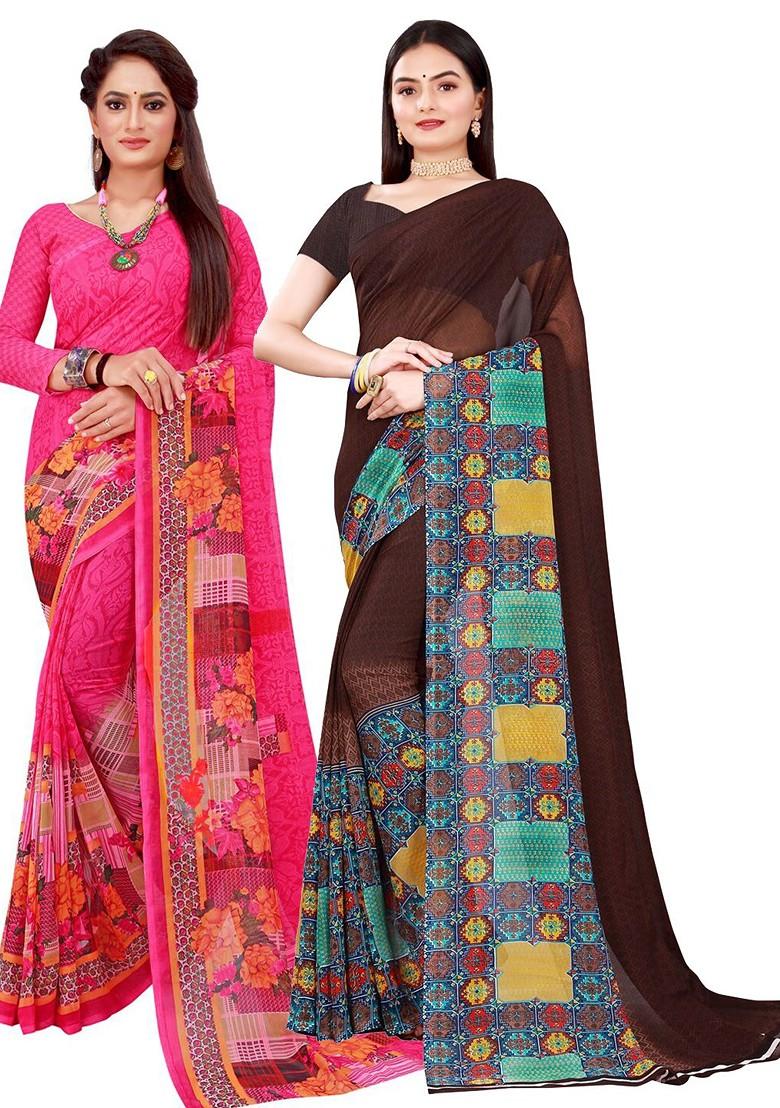 Brown Embroidered Georgette Saree Set