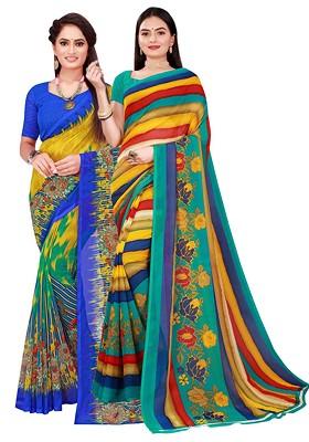 Yellow Embroidered Georgette Saree Set (Set Of 2)