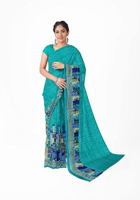 Teal Green Embroidered Georgette Saree Set