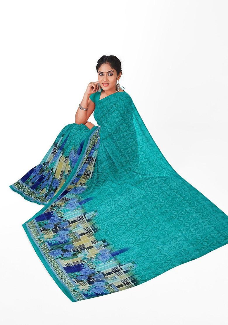 Teal Green Embroidered Georgette Saree Set