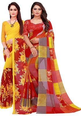 Red Printed Georgette Saree Set (Set Of 2)