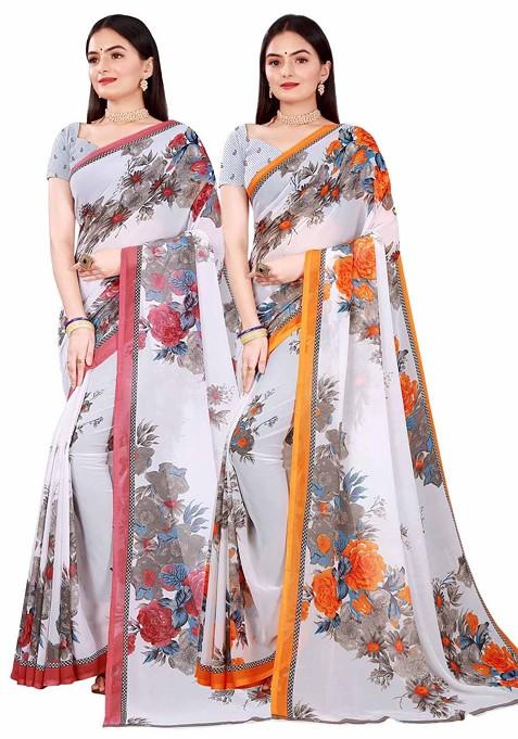 White Embroidered Georgette Saree Set