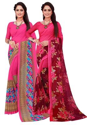 Magenta Embroidered Georgette Saree Set (Set Of 2)