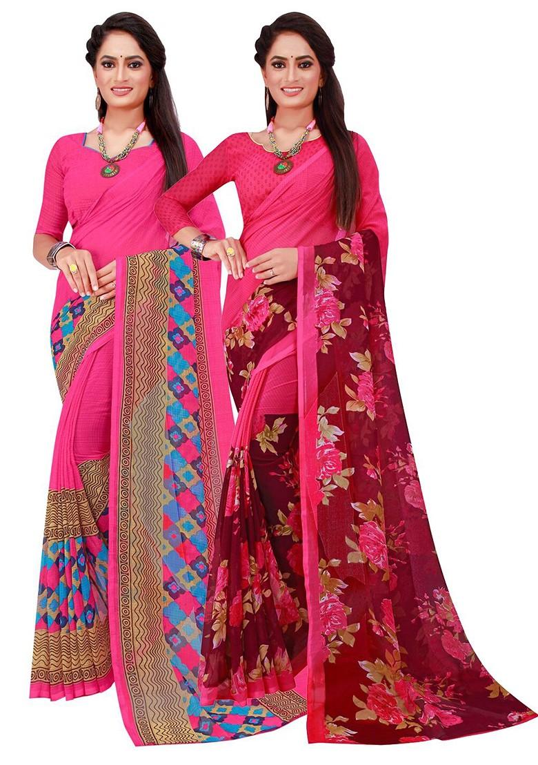 Magenta Embroidered Georgette Saree Set (Set Of 2)