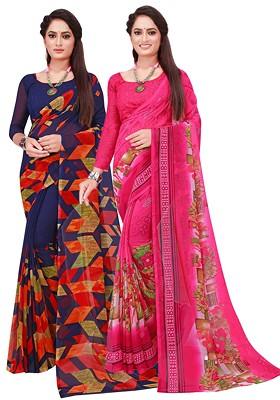 Pink Embroidered Georgette Saree Set (Set Of 2)