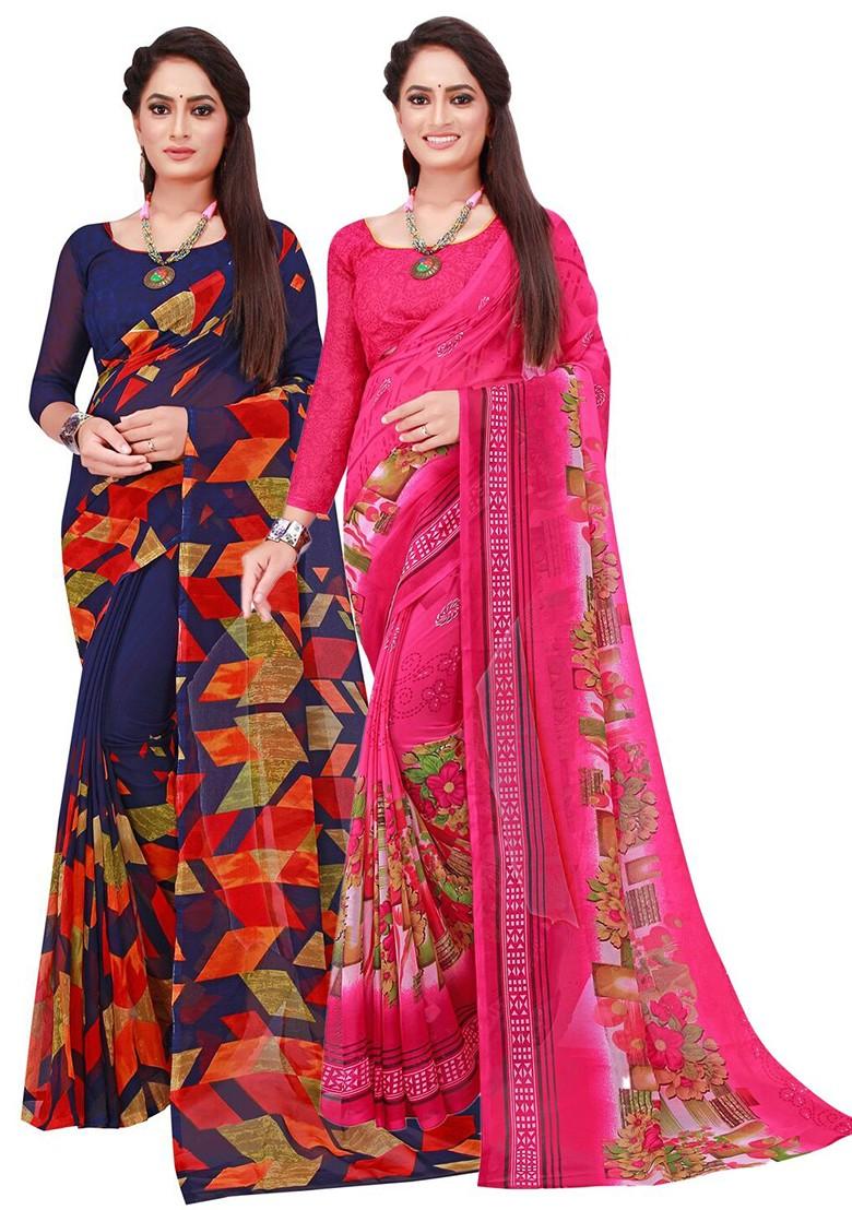 Pink Embroidered Georgette Saree Set (Set Of 2)