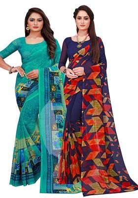 Navy Blue Printed Georgette Saree Set (Set Of 2)