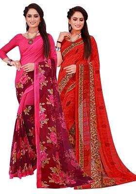 Red Embroidered Georgette Saree Set (Set Of 2)
