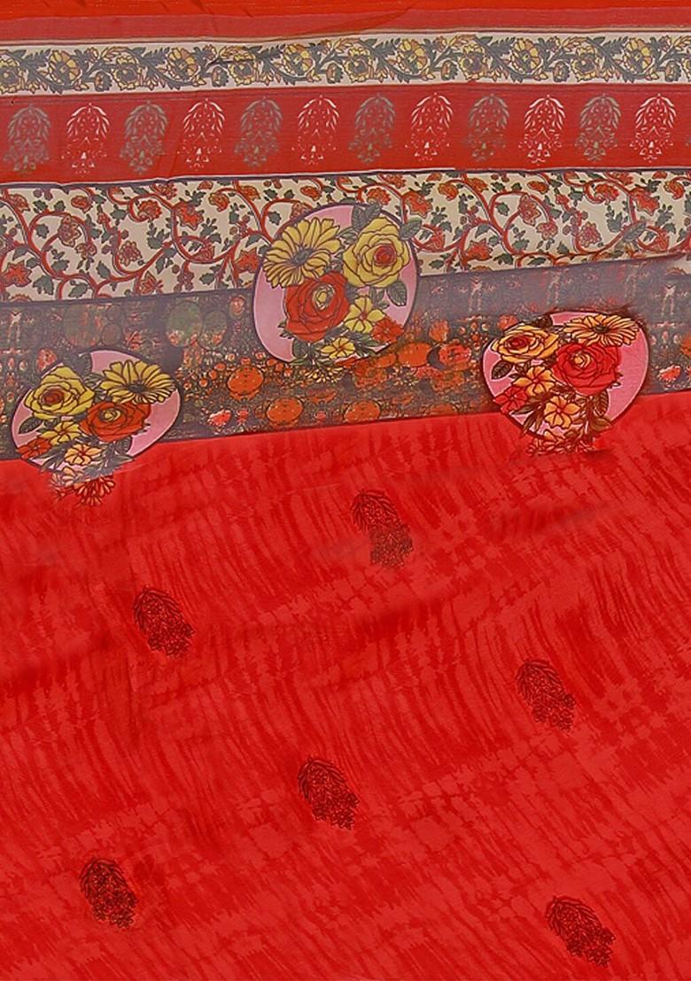 Red Embroidered Georgette Saree Set (Set Of 2)