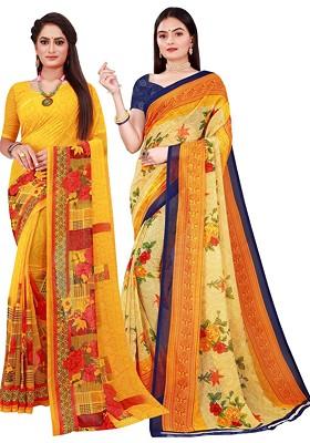 Yellow Floral Georgette Saree Set (Set Of 2)