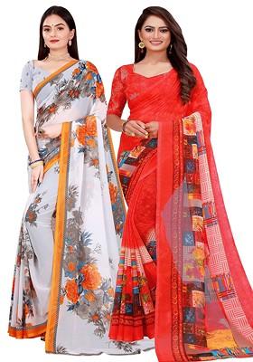 Off White Embroidered Georgette Saree Set (Set Of 2)