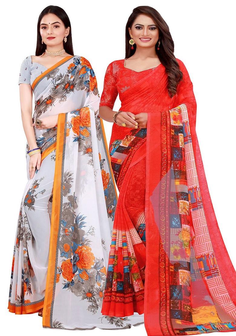 Off White Embroidered Georgette Saree Set (Set Of 2)