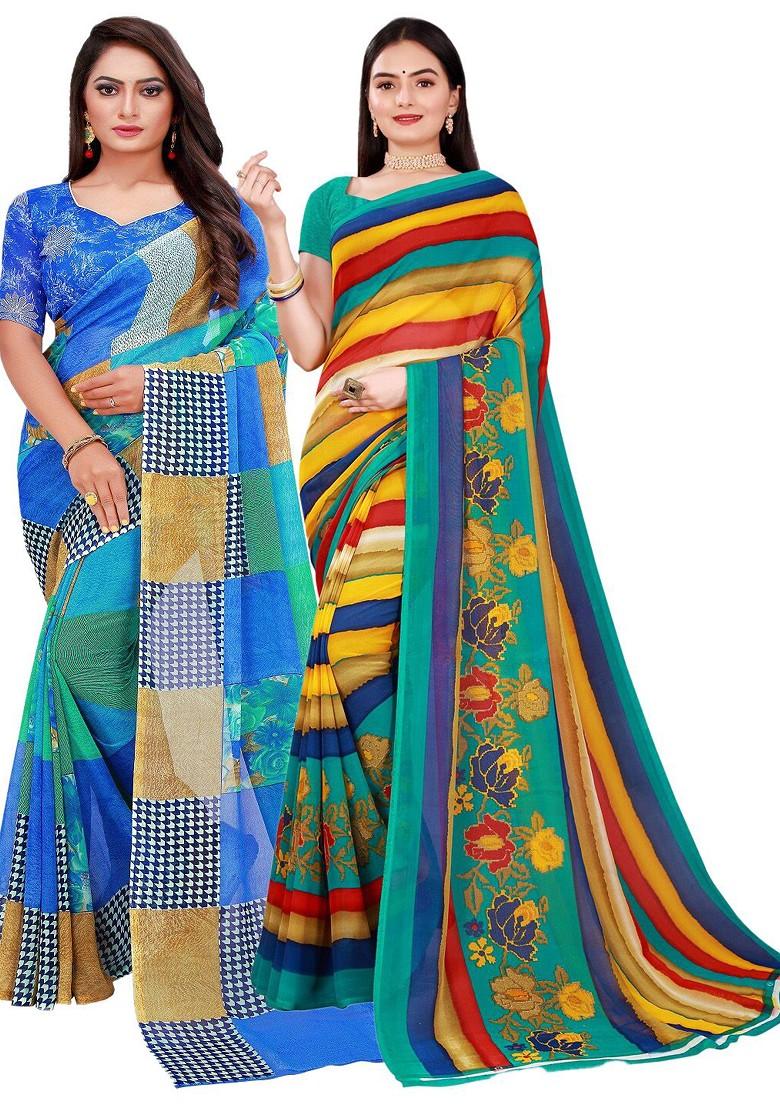 Blue Printed Georgette Saree Set