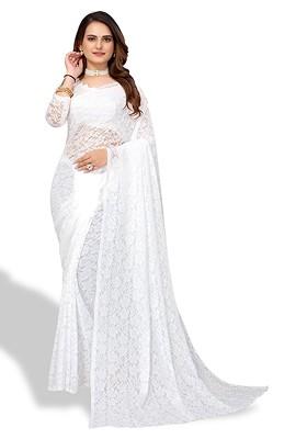 White Floral Net Saree Set