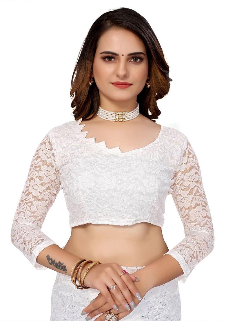 White Floral Net Saree Set