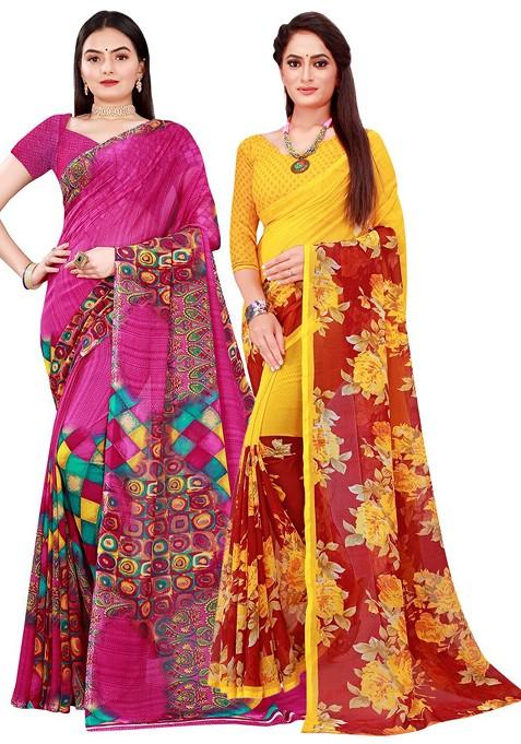 Magenta Embroidered Poly Blend Saree Set