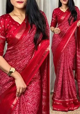 Red Floral Art Silk Saree Set