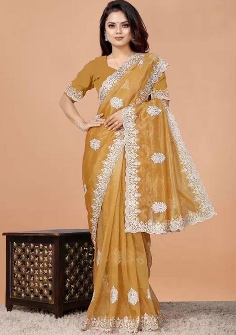 Mustard Yellow Embellished Poly Blend Saree Set