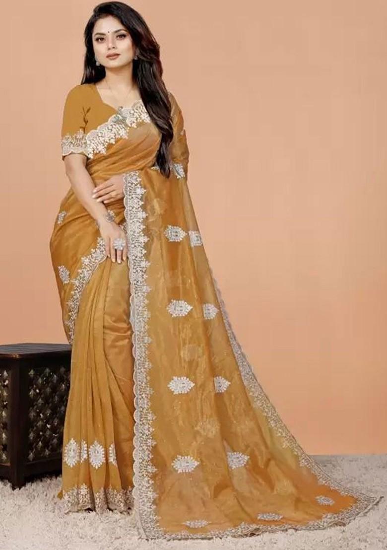 Mustard Yellow Embellished Poly Blend Saree Set