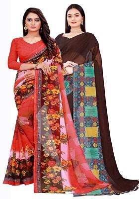Red Floral Georgette Saree Set (Set Of 2)