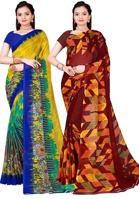 Lime Green Printed Georgette Saree Set (Set Of 2)