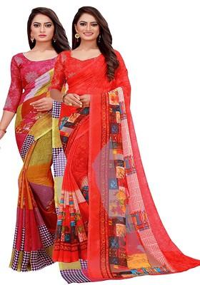 Red Embroidered Georgette Saree Set (Set Of 2)