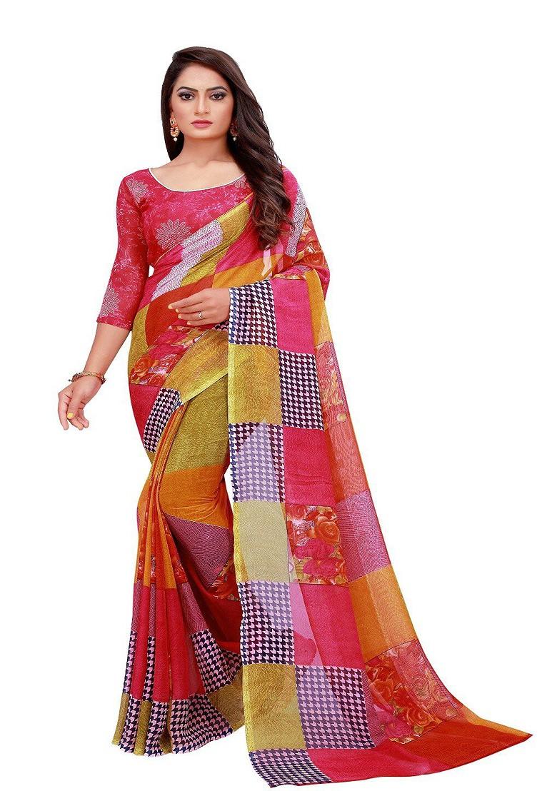 Red Embroidered Georgette Saree Set (Set Of 2)