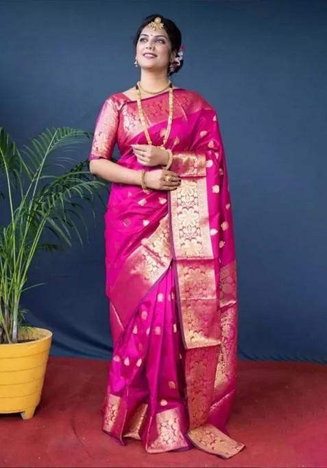 Pink woven Banarasi Saree Set