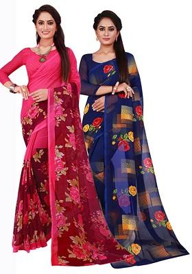 Navy Blue Embroidered Poly Blend Saree Set