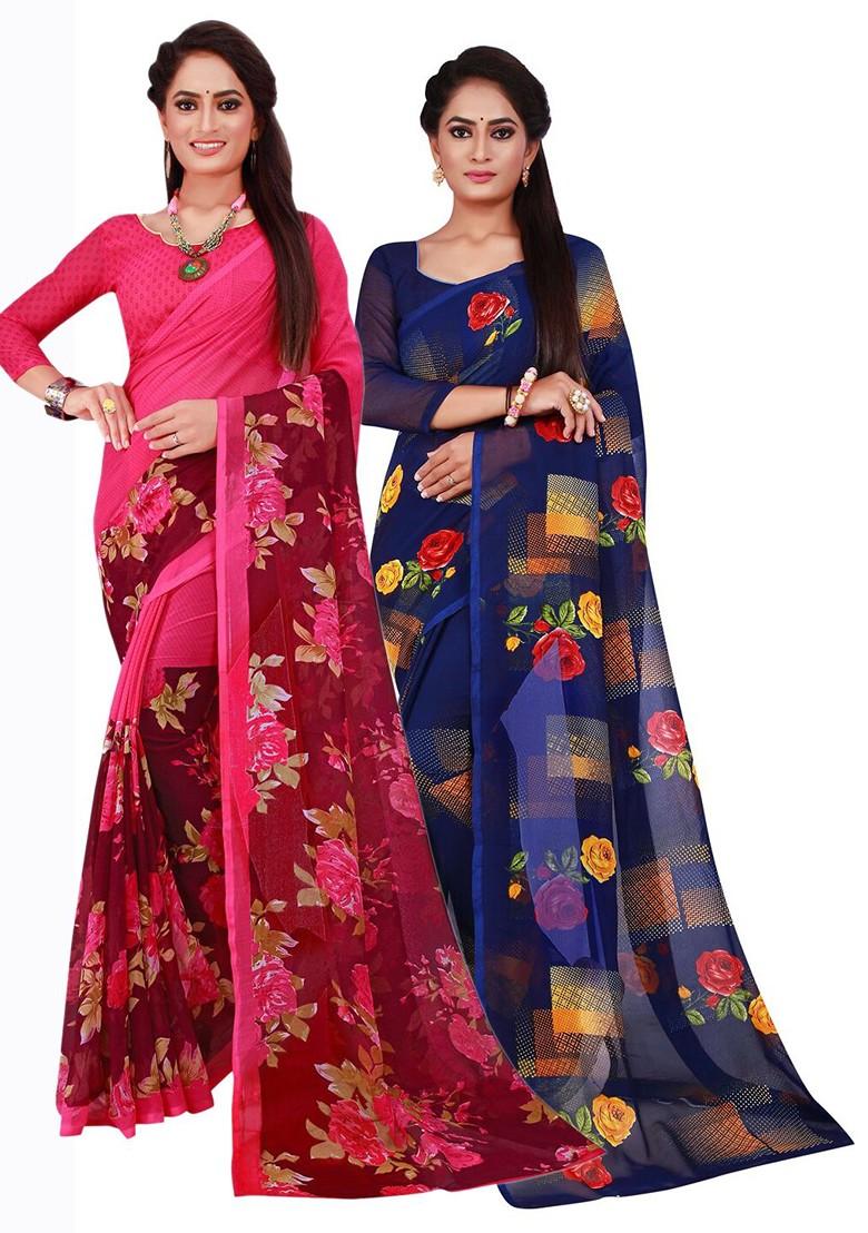 Navy Blue Embroidered Poly Blend Saree Set