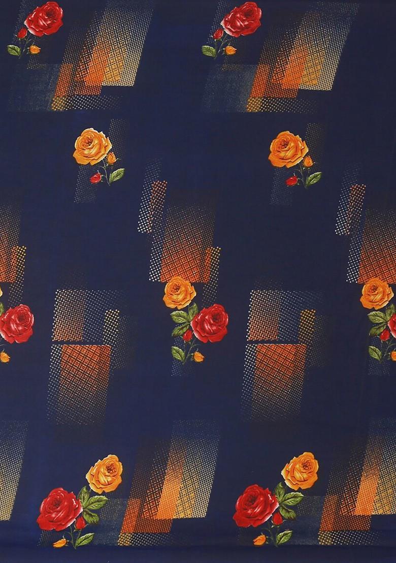 Navy Blue Embroidered Poly Blend Saree Set